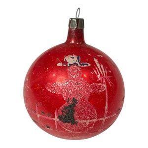 Vintage Christmas Ornament Blown Mercury Glass Red Ball Snowman Glitter Fantasia